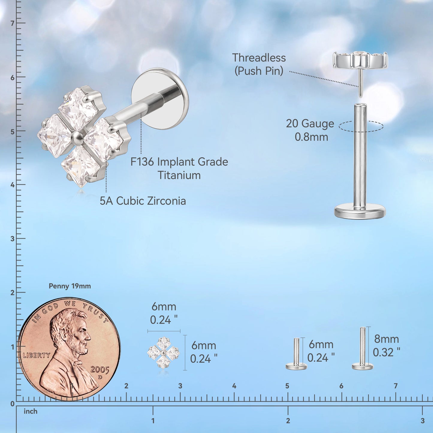 limerencia F136 Hypoallergenic Titanium 20g 6mm 8mm Flat Back Stud | G23 Implant Grade Press Fit Threadless Earrings Push in Tragus Cartilage Helix Conch Monroe Medusa Labret Piercing Jewelry(1pc)