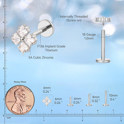 Limerencia Clou de piercing à filetage interne et dos plat en titane hypoallergénique ASTM F136, calibre 18G, longueurs 6mm/8mm/10mm, adapté pour tragus, hélix, conque, cartilage, nez et lèvre (1 pièce)