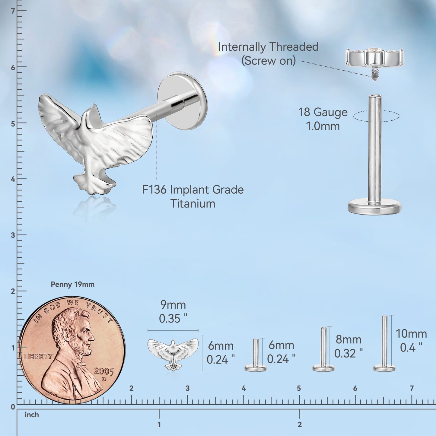 limerencia Hypoallergenic Titanium ASTM F136-18G 6mm 8mm 10mm Flat Back Internal Thread Stud Earring Piercing Jewelry for Tragus Helix Conch Cartilage Nose Lip(1pc)