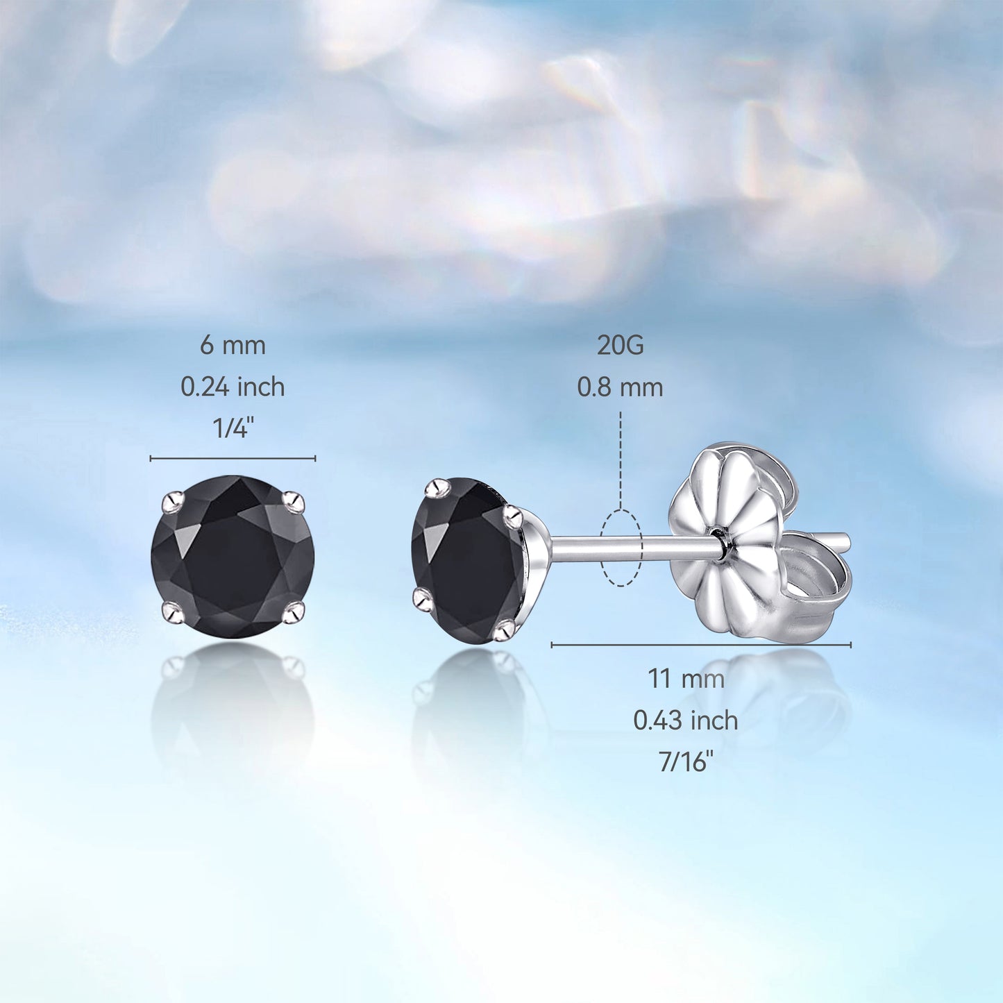 Hypoallergenic G23 Titanium Earrings, F136 Pure Titanium Implant Grade, Suitable for Sensitive Ears with Birthstone Crystals CZ Simulated Diamonds (6mm, Black CZ)