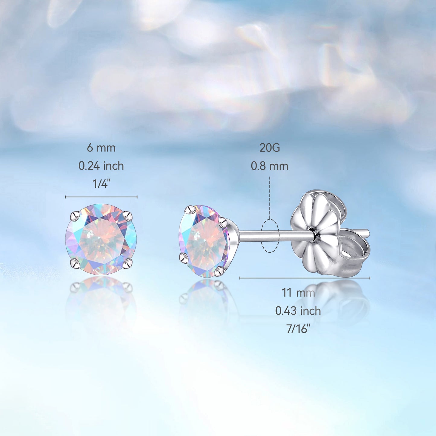 Hypoallergenic G23 Titanium Earrings, F136 Pure Titanium Implant Grade, Suitable for Sensitive Ears with Birthstone Crystals CZ Simulated Diamonds (6mm, Aurora Borealis)