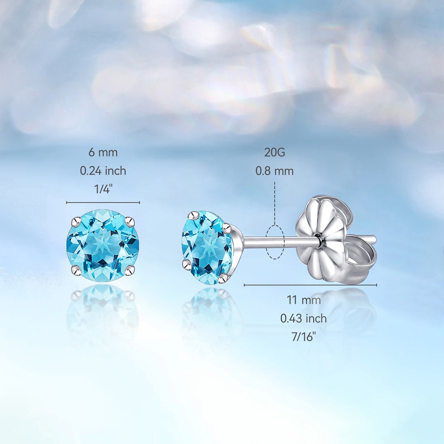 Hypoallergenic G23 Titanium Earrings, F136 Pure Titanium Implant Grade, Suitable for Sensitive Ears with Birthstone Crystals CZ Simulated Diamonds (6mm, Aquamarine)