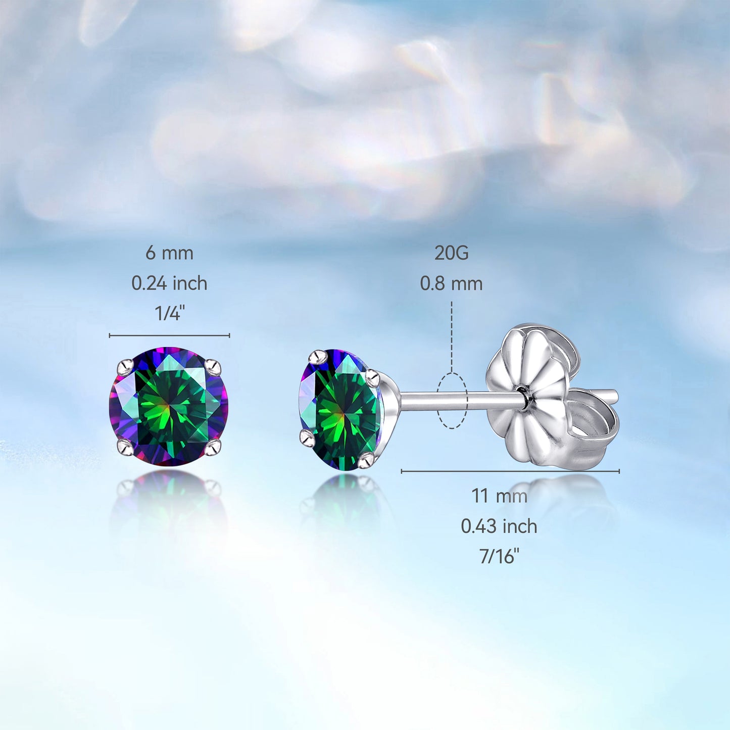 Hypoallergenic G23 Titanium Earrings, F136 Pure Titanium Implant Grade, Suitable for Sensitive Ears with Birthstone Crystals CZ Simulated Diamonds (6mm, Rainbow Quartz)