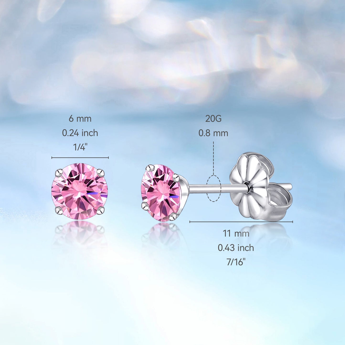 Hypoallergenic G23 Titanium Earrings, F136 Pure Titanium Implant Grade, Suitable for Sensitive Ears with Birthstone Crystals CZ Simulated Diamonds (6mm, Pink Gems)