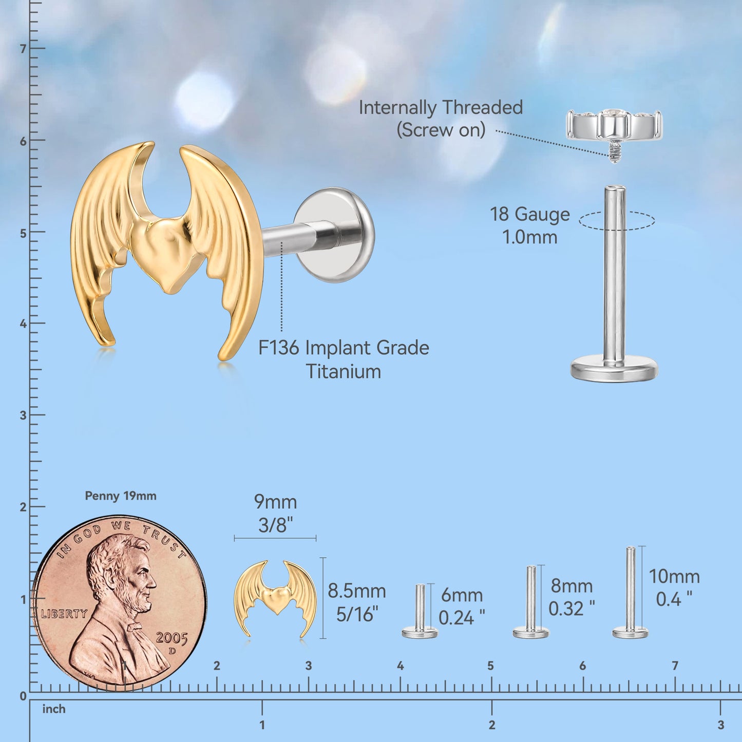 Limerencia F136 チタン低アレルギーピアスジュエリー 18G 6mm 8mm 10mm フラットバック内ネジ式インプラント級クライマースタッド 軟骨・トラガス・ヘリックス・コンク・ノーズ・リップピアス（1 個入り）