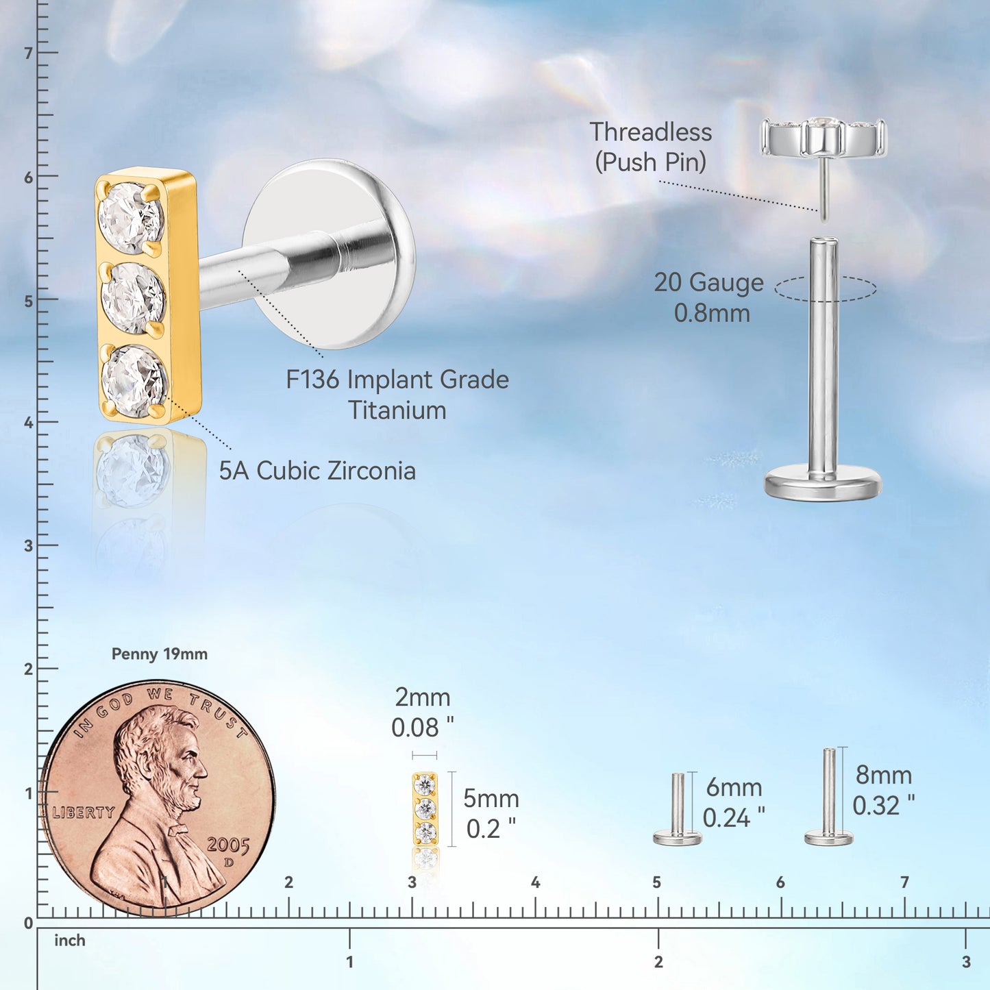 limerencia F136 Hypoallergenic Titanium 20g 6mm 8mm Flat Back Stud | G23 Implant Grade Press Fit Threadless Earrings Push Pin Tragus Cartilage Helix Conch Nose Monroe Medusa Piercing Jewelry(1pc)