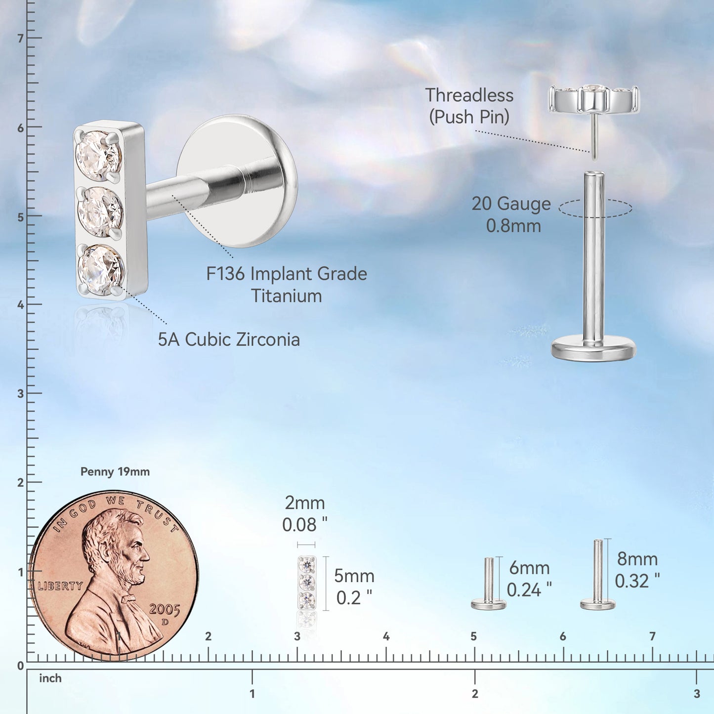 limerencia F136 Hypoallergenic Titanium 20g 6mm 8mm Flat Back Stud | G23 Implant Grade Press Fit Threadless Earrings Push Pin Tragus Cartilage Helix Conch Nose Monroe Medusa Piercing Jewelry(1pc)