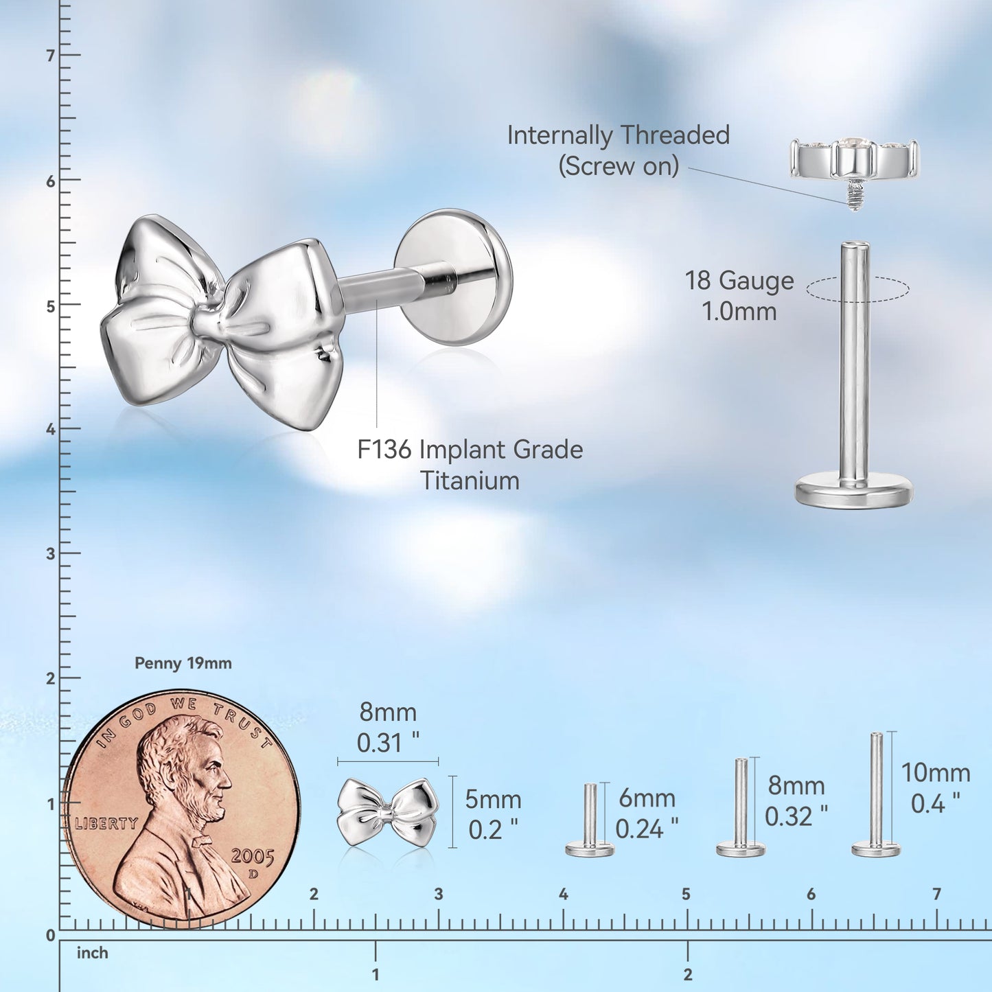 limerencia Hypoallergenic Titanium ASTM F136-18G 6mm 8mm 10mm Flat Back Internal Thread Stud Earring Piercing Jewelry for Tragus Helix Conch Cartilage Nose Lip(1pc) (Bow tie)