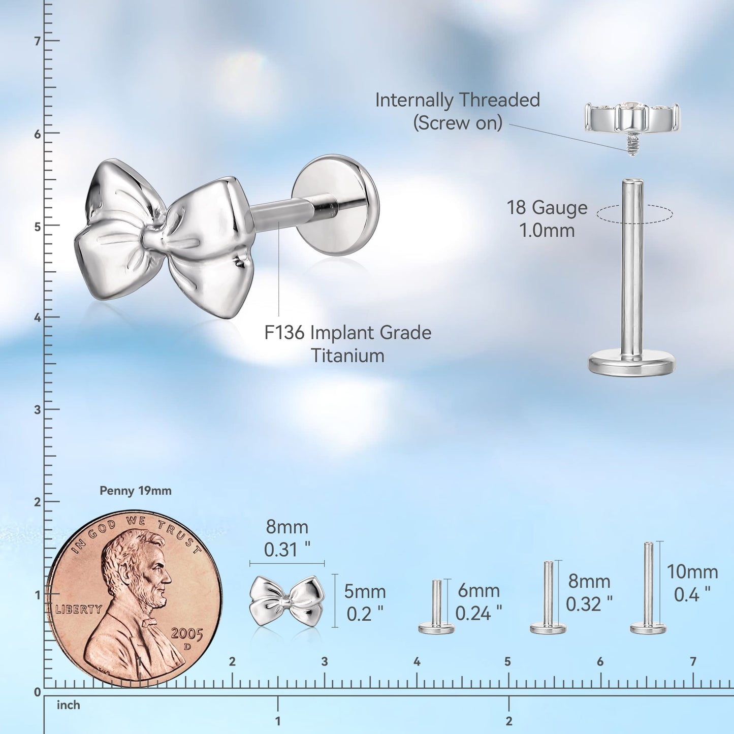 limerencia Hipoalergénico Titanio ASTM F136-18G 6mm 8mm 10mm Parte posterior plana Pendiente de stud con rosca interna Joyería de perforación para Trago Hélice Conch Cartílago Nariz Labio (1ud) (Pajarita)