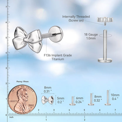 limerencia Hipoalergénico Titanio ASTM F136-18G 6mm 8mm 10mm Parte posterior plana Pendiente de stud con rosca interna Joyería de perforación para Trago Hélice Conch Cartílago Nariz Labio (1ud) (Pajarita)
