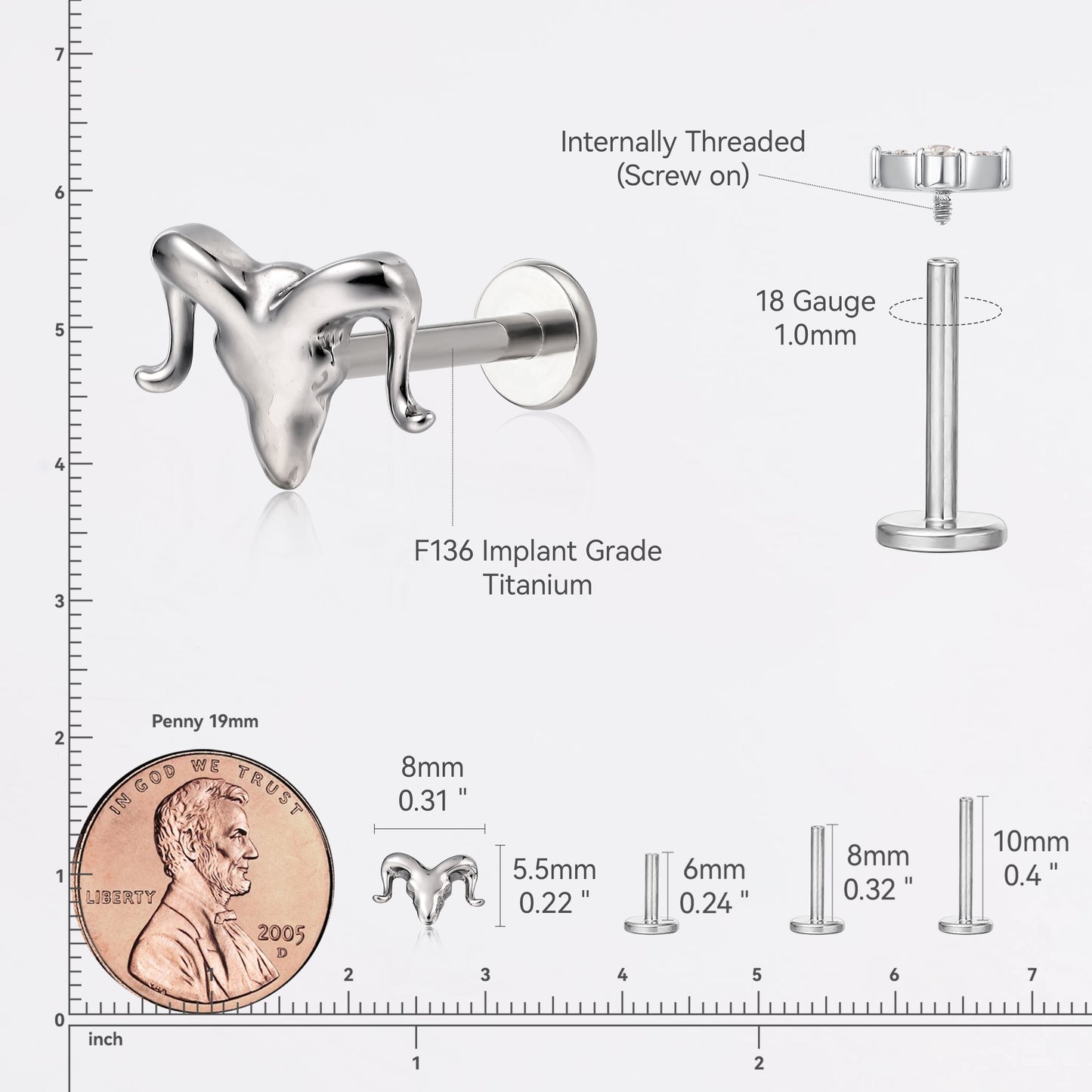 limerencia Hypoallergenic Titanium ASTM F136-18G 6mm 8mm 10mm Flat Back Internal Thread Stud Earring Piercing Jewelry for Tragus Helix Conch Cartilage Nose Lip(1pc) (Cow's head)