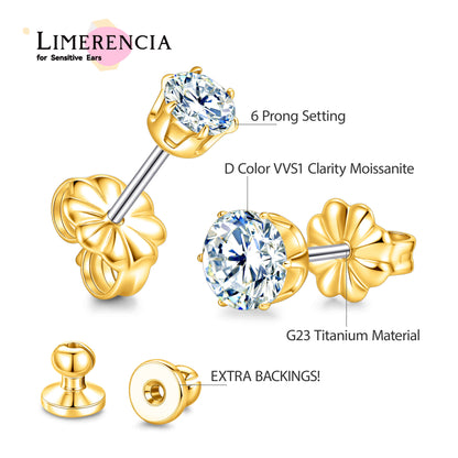 Limerencia インプラントグレードチタン モアサナイトスタッドピアス 男女兼用、18K ホワイトゴールドメッキ、D カラー VVS1 クラリティ ラウンドカット 低アレルギー性チタンスタッドピアス 敏感耳用
