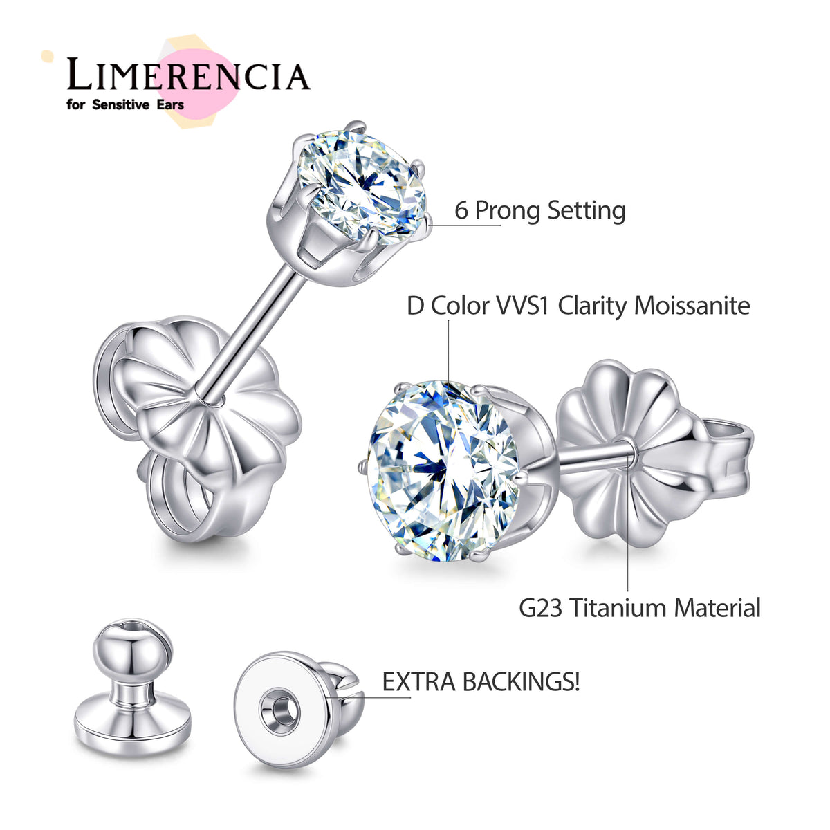 Limerencia インプラントグレードチタン モアサナイトスタッドピアス 男女兼用、18K ホワイトゴールドメッキ、D カラー VVS1 クラリティ ラウンドカット 低アレルギー性チタンスタッドピアス 敏感耳用