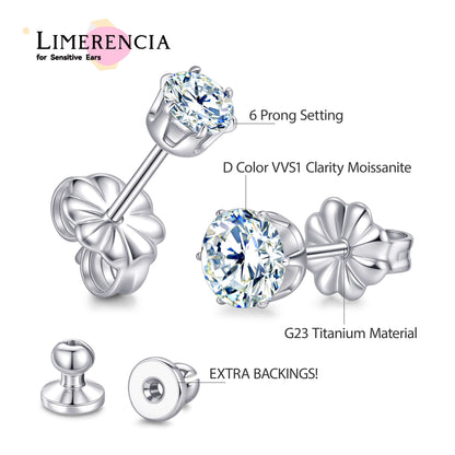 Limerencia インプラントグレードチタン モアサナイトスタッドピアス 男女兼用、18K ホワイトゴールドメッキ、D カラー VVS1 クラリティ ラウンドカット 低アレルギー性チタンスタッドピアス 敏感耳用