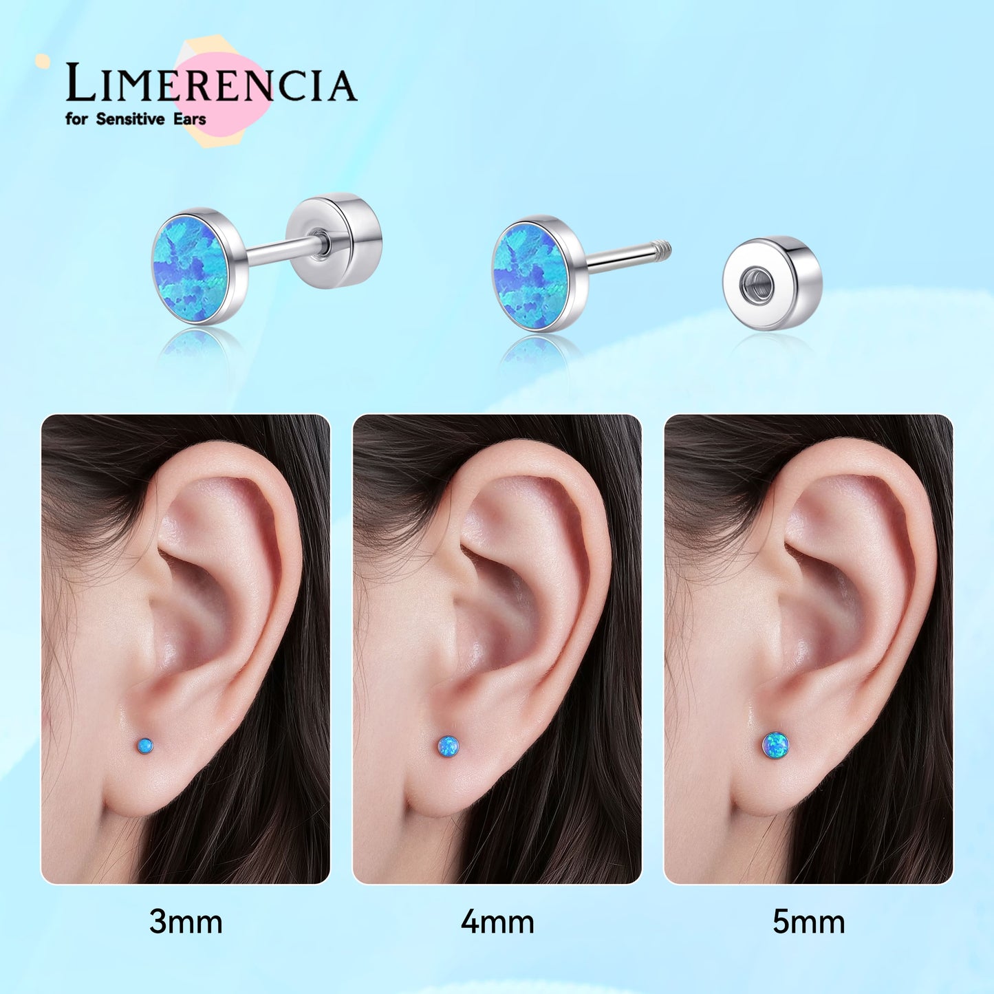 Limerencia 20G Titan-Flatback-Ohrringe für empfindliche Ohren, G23 hypoallergene Titan-Ohrringe mit Opalimitat und Schraubverschluss für Knorpel-, Helix- und Tragus-Piercings