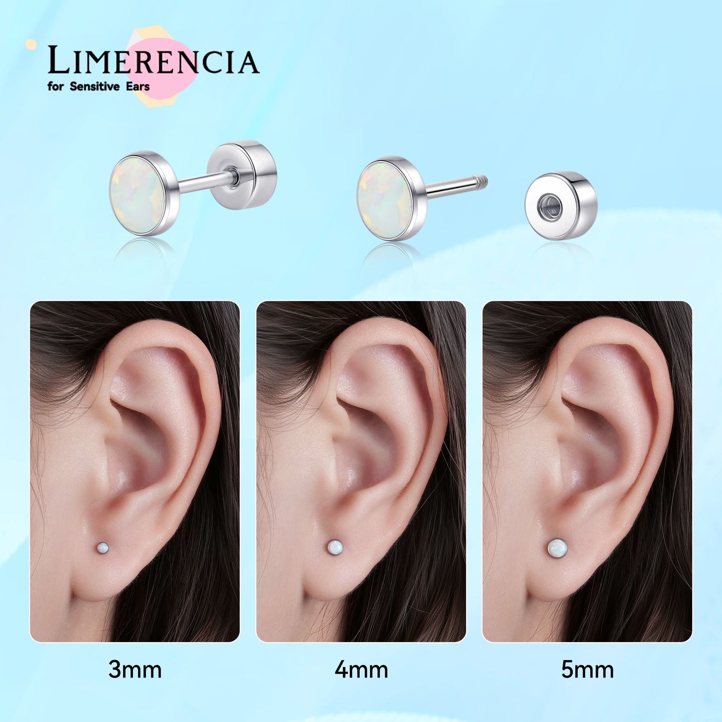 Limerencia 20G Titan-Flatback-Ohrringe für empfindliche Ohren, G23 hypoallergene Titan-Ohrringe mit Opalimitat und Schraubverschluss für Knorpel-, Helix- und Tragus-Piercings