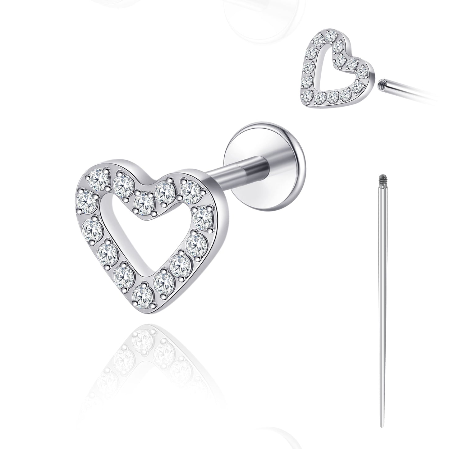 Piercing corporal de titanio Limerencia calibre 18G, arete de respaldo plano con rosca interna para trago, hélice, cartílago, concha y medusa, unisex, 1 unidad diseño corazón