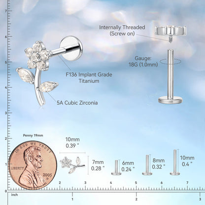 limerencia F136 Titan hypoallergener Piercingschmuck 18G 6mm 8mm 10mm für Tragus, Helix, Conch, Knorpel, Lippe, Implant Grade Flat Back Inner Threaded Stud Ohrringe (Blume 1 Stk.)