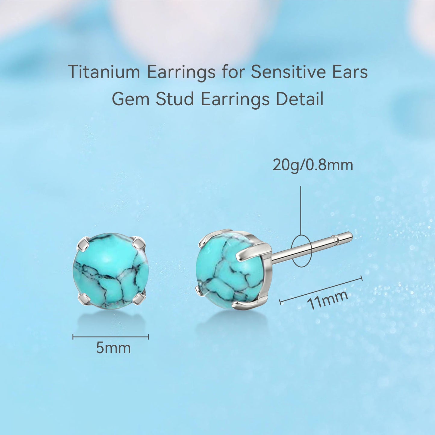 Limerencia G23 Hypoallergenic Pure Titanium Earrings, Opal/Moonstone/Cat's Eye/Blue Turquoise Stud Earrings, F136 Implant Grade|Delicate Jewelry for Sensitive Ears (5mm, Turquoise)