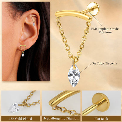 Limerencia 18G Titan-Ohrschmuck mit Innengewinde und flachem Verschluss für Damen, 1 Stück Hängepiercing mit Kette für Helix, hypoallergen, 6mm/8mm Knorpelstecker geeignet für Tragus, Conch und Ohrläppchen