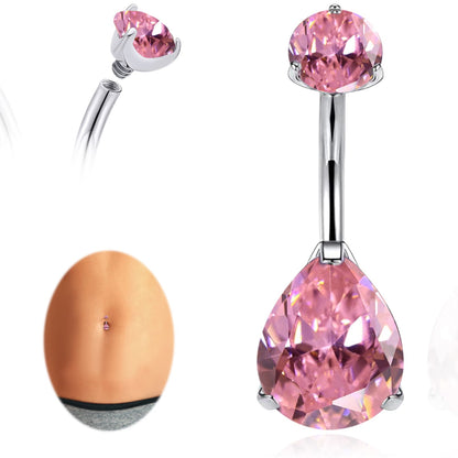 limerencia G23 Titanium Belly Button Rings hypoallergenic medical implant grade 14G Teardrop CZ Belly Navel Rings Piercing Belly Bars（Water drop belly button ring）