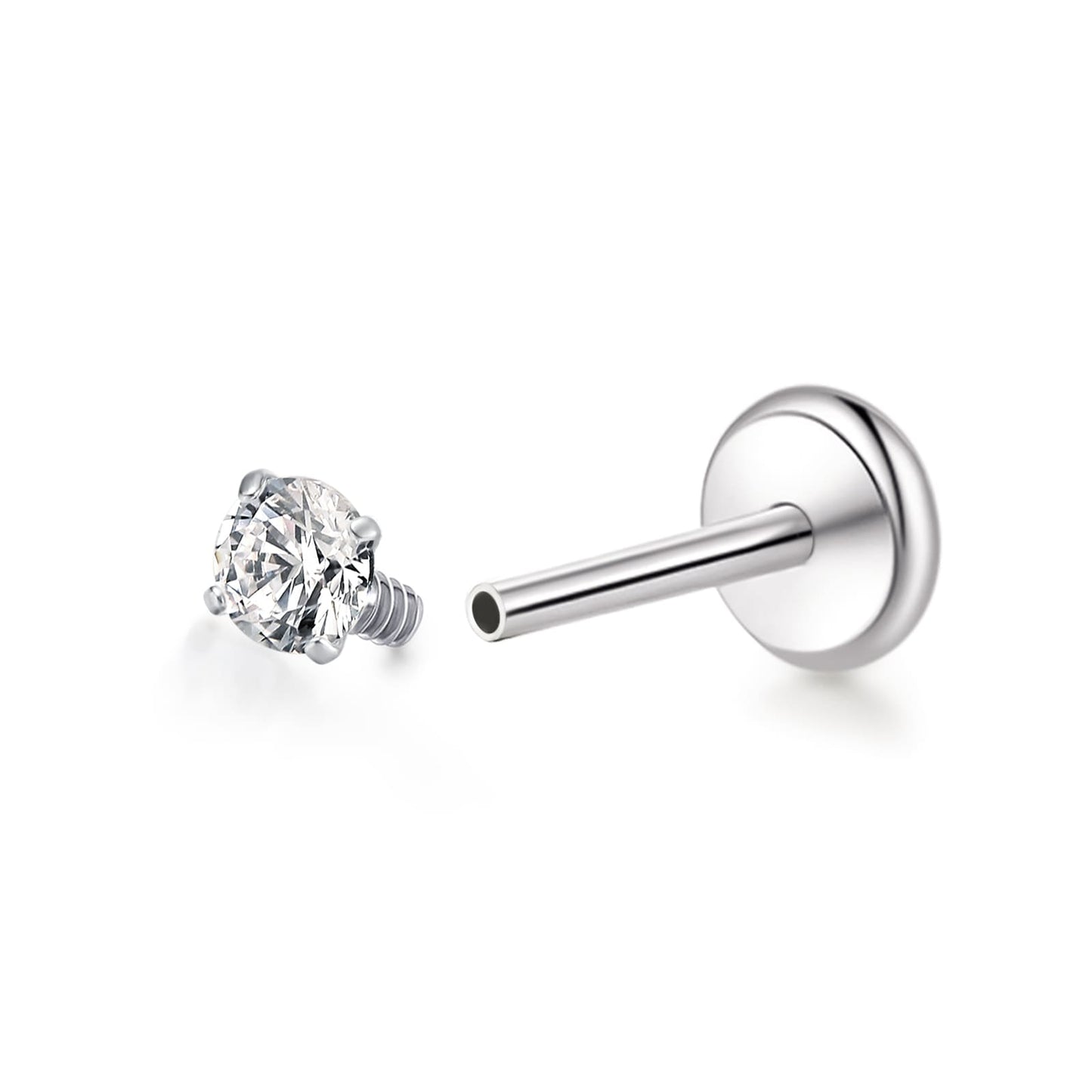 Gioielli piercing ipoallergenici in titanio F136 Limerencia, borchie filettate interne fondo piatto 18G 6mm 8mm 10mm per trago, elica, conca, cartilagine, naso e labbra (Zircone bianco 2mm)