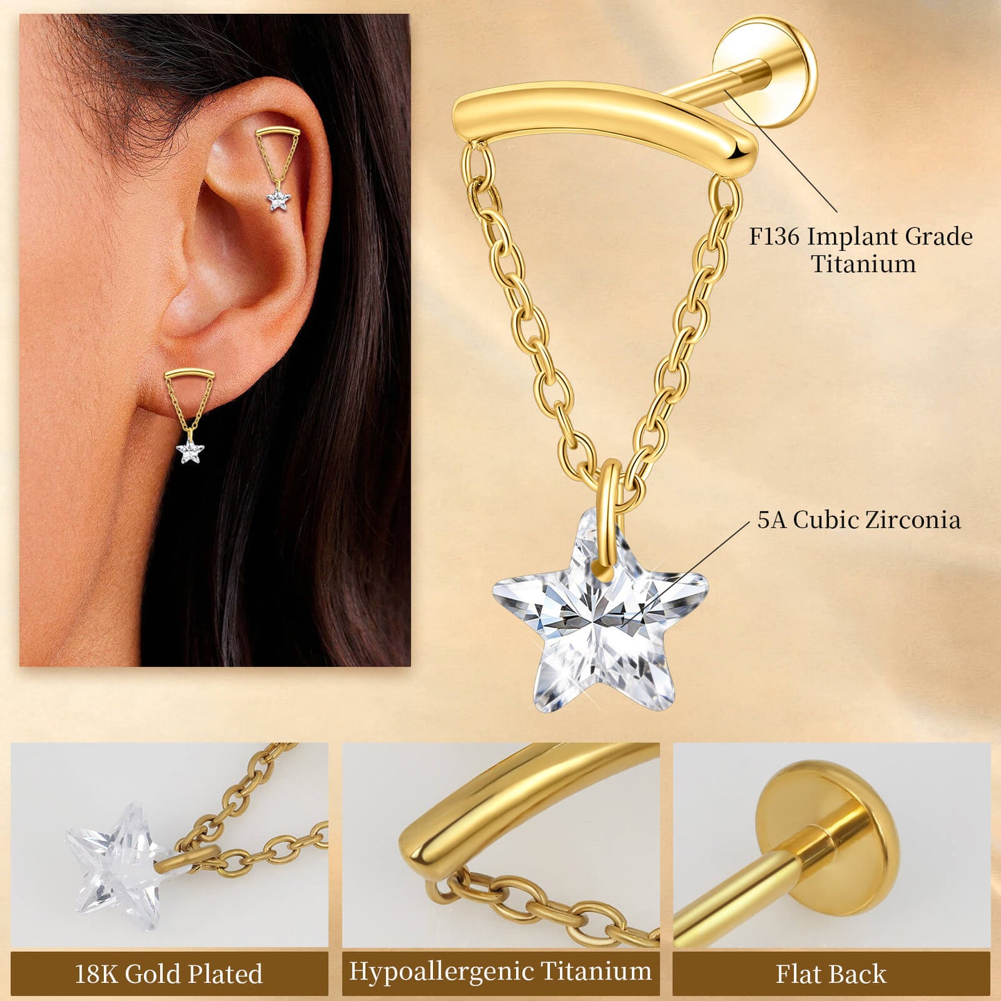 Limerencia 18G Titan-Ohrschmuck mit Innengewinde und flachem Verschluss für Damen, 1 Stück Hängepiercing mit Kette für Helix, hypoallergen, 6mm/8mm Knorpelstecker geeignet für Tragus, Conch und Ohrläppchen