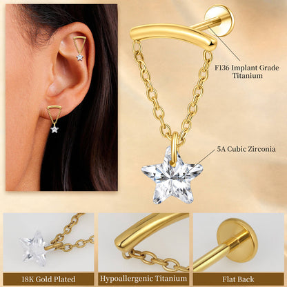 Limerencia 18G Titan-Ohrschmuck mit Innengewinde und flachem Verschluss für Damen, 1 Stück Hängepiercing mit Kette für Helix, hypoallergen, 6mm/8mm Knorpelstecker geeignet für Tragus, Conch und Ohrläppchen