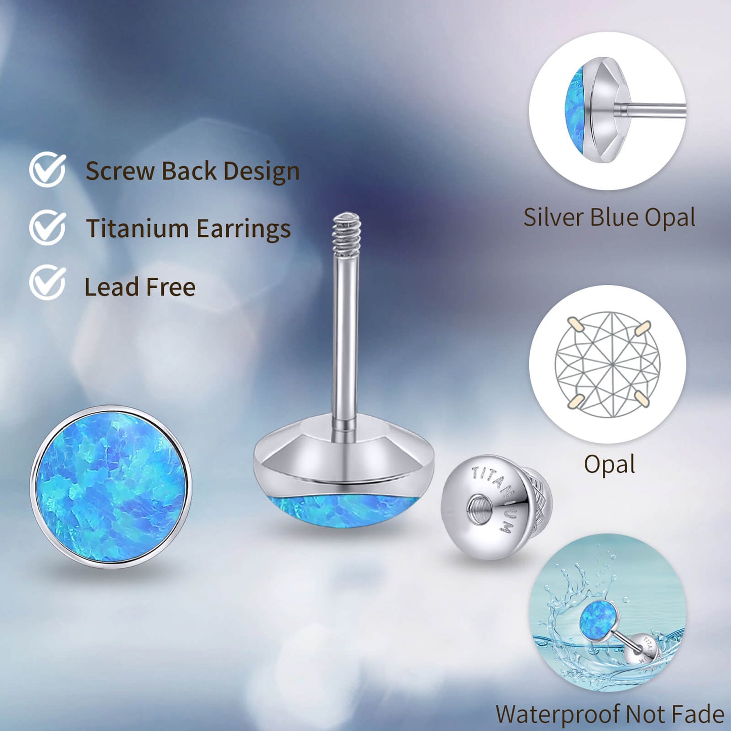 Boucles d'oreilles titane Limerencia, clous d'oreilles opale blanc/bleu/noir, grade implant F136, adaptés aux oreilles sensibles hommes et femmes