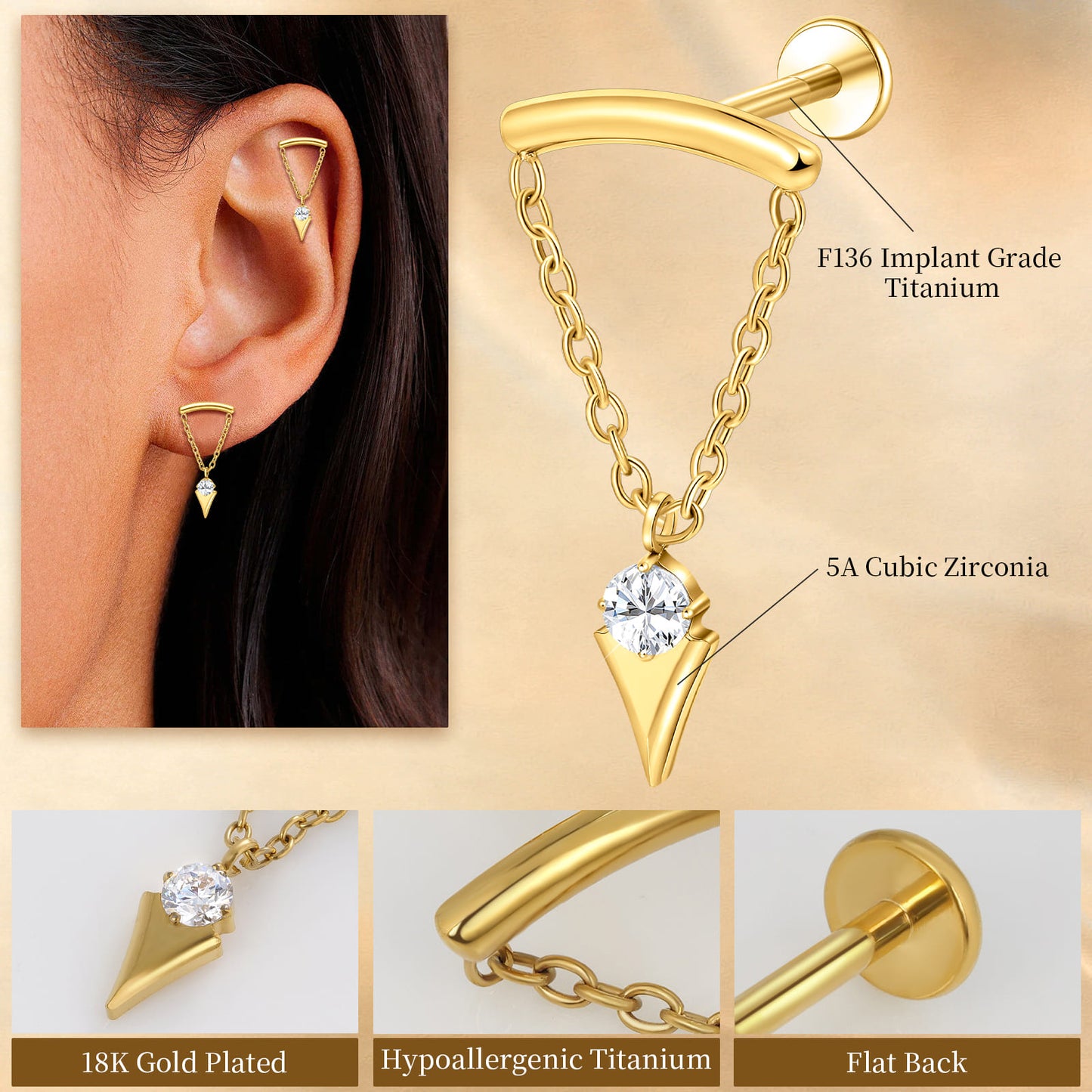 limerencia 18G Internally Threaded Titanium Flat Back Earrings for Women, 1pc Chain Dangle Helix Piercing Jewelry, Hypoallergenic 6mm 8mm Cartilage Earring Studs for Tragus Conch Lobe