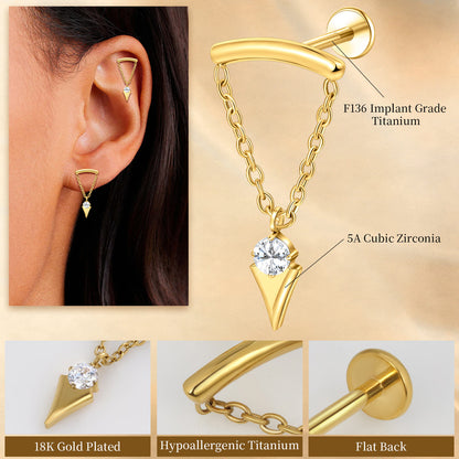 limerencia 18G Internally Threaded Titanium Flat Back Earrings for Women, 1pc Chain Dangle Helix Piercing Jewelry, Hypoallergenic 6mm 8mm Cartilage Earring Studs for Tragus Conch Lobe