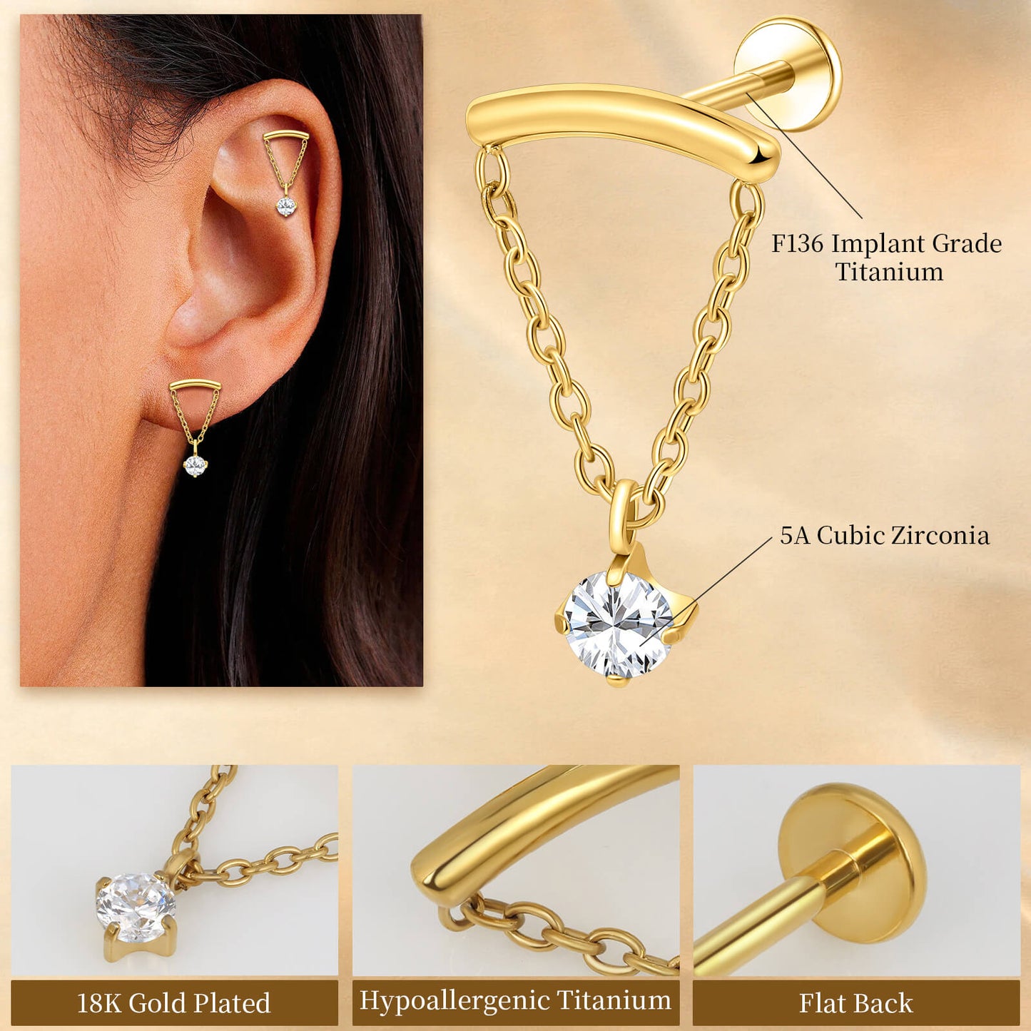 Limerencia 18G Titan-Ohrschmuck mit Innengewinde und flachem Verschluss für Damen, 1 Stück Hängepiercing mit Kette für Helix, hypoallergen, 6mm/8mm Knorpelstecker geeignet für Tragus, Conch und Ohrläppchen