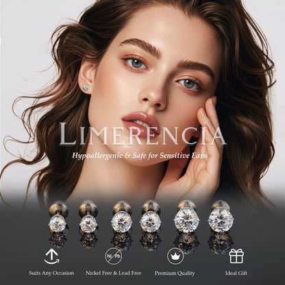 Limerencia Orecchini borchia titanio G23 CZ retro piatto ipoallergenici donna | Titanio F136 grado impianto 20G, chiusura vite piatta 6 griffe senza nichel, piercing cartilagine/trago, comfort 24h per orecchie sensibili