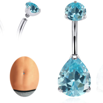limerencia G23 Titanium Belly Button Rings hypoallergenic medical implant grade 14G Teardrop CZ Belly Navel Rings Piercing Belly Bars（Water drop belly button ring）