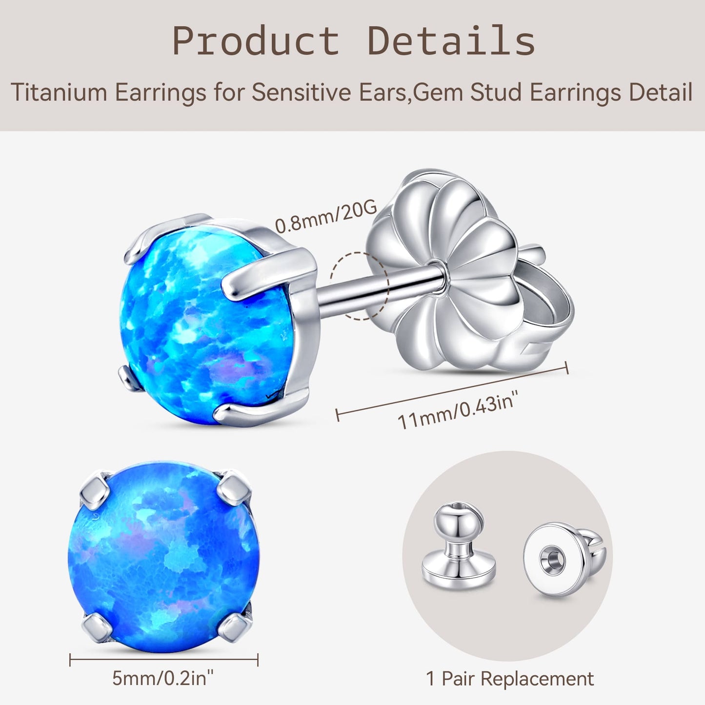 Orecchini in titanio puro ipoallergenico G23 Limerencia, modelli con opale, pietra di luna, occhio di gatto e turchese blu in titanio F136 grado implantologico, gioielli raffinati per orecchie sensibili (5mm, opale blu)