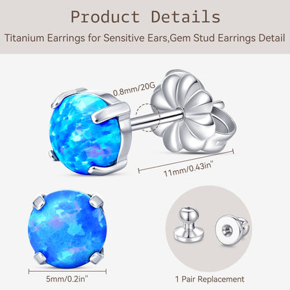 Orecchini in titanio puro ipoallergenico G23 Limerencia, modelli con opale, pietra di luna, occhio di gatto e turchese blu in titanio F136 grado implantologico, gioielli raffinati per orecchie sensibili (5mm, opale blu)