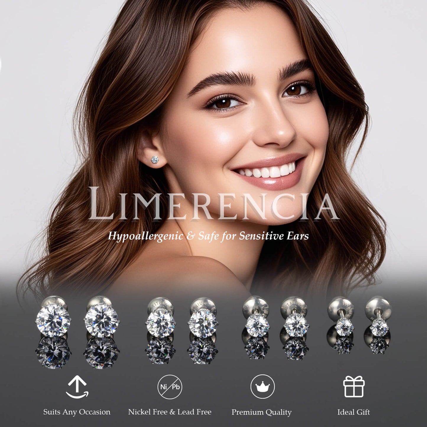 Orecchini piatti in titanio ipoallergenico Limerencia, borchie zircone sei punte con chiusura a vite. Titanio implantare senza nichel, confortevoli per dormire e lavarsi, regalo unisex elegante