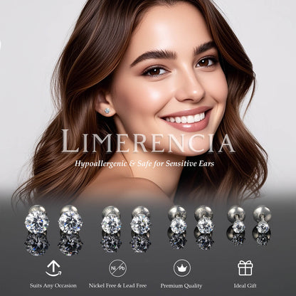 Orecchini piatti in titanio ipoallergenico Limerencia, borchie zircone sei punte con chiusura a vite. Titanio implantare senza nichel, confortevoli per dormire e lavarsi, regalo unisex elegante