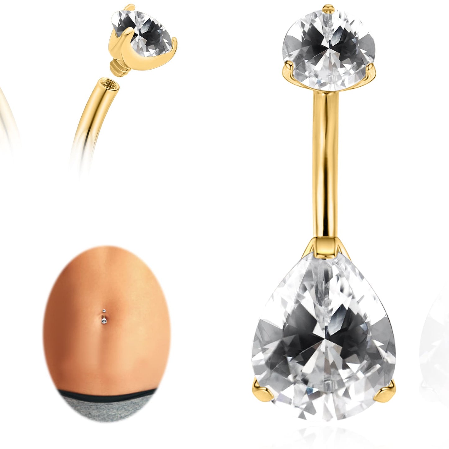 limerencia G23 Titanium Belly Button Rings hypoallergenic medical implant grade 14G Teardrop CZ Belly Navel Rings Piercing Belly Bars（Water drop belly button ring）