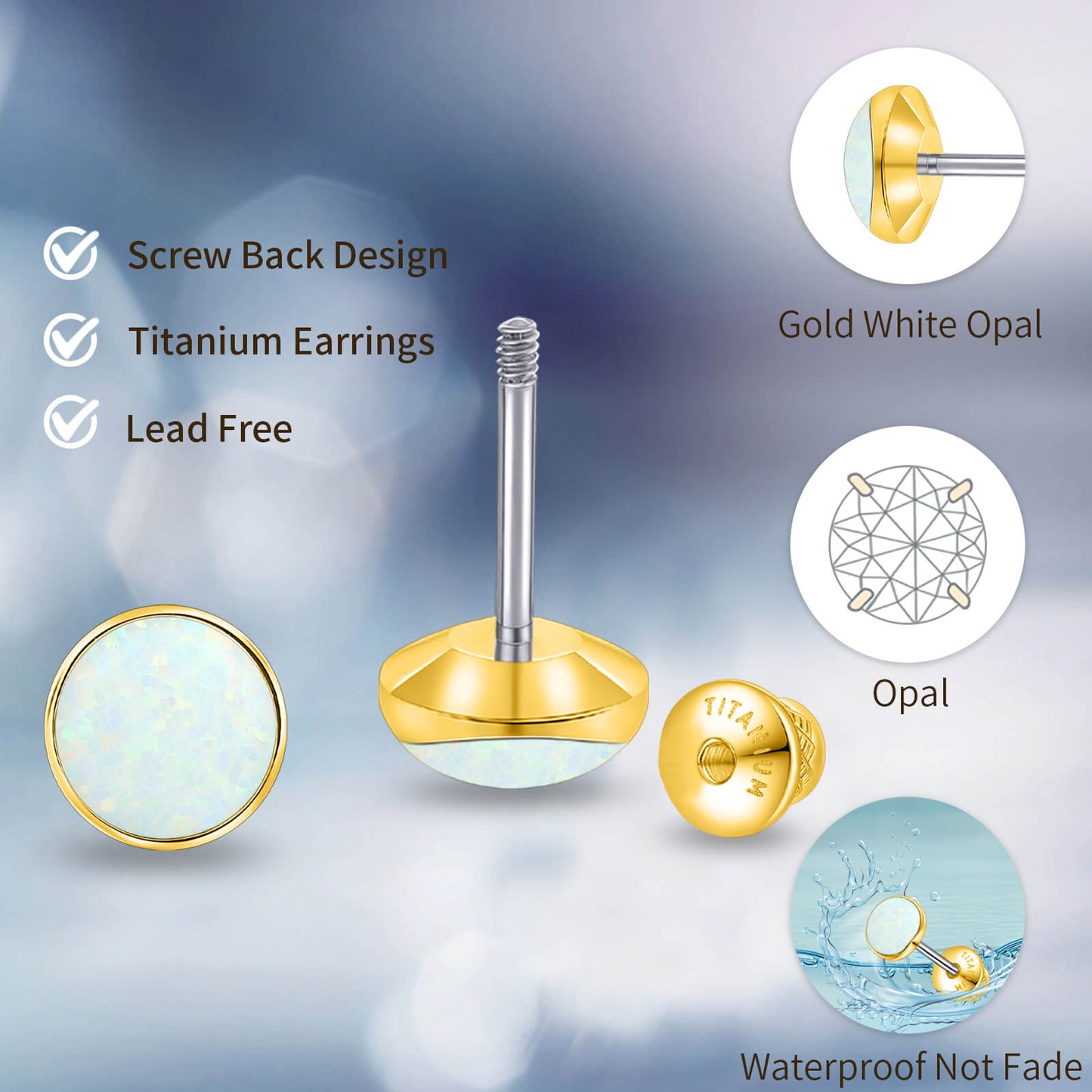 Boucles d'oreilles titane Limerencia, clous d'oreilles opale blanc/bleu/noir, grade implant F136, adaptés aux oreilles sensibles hommes et femmes