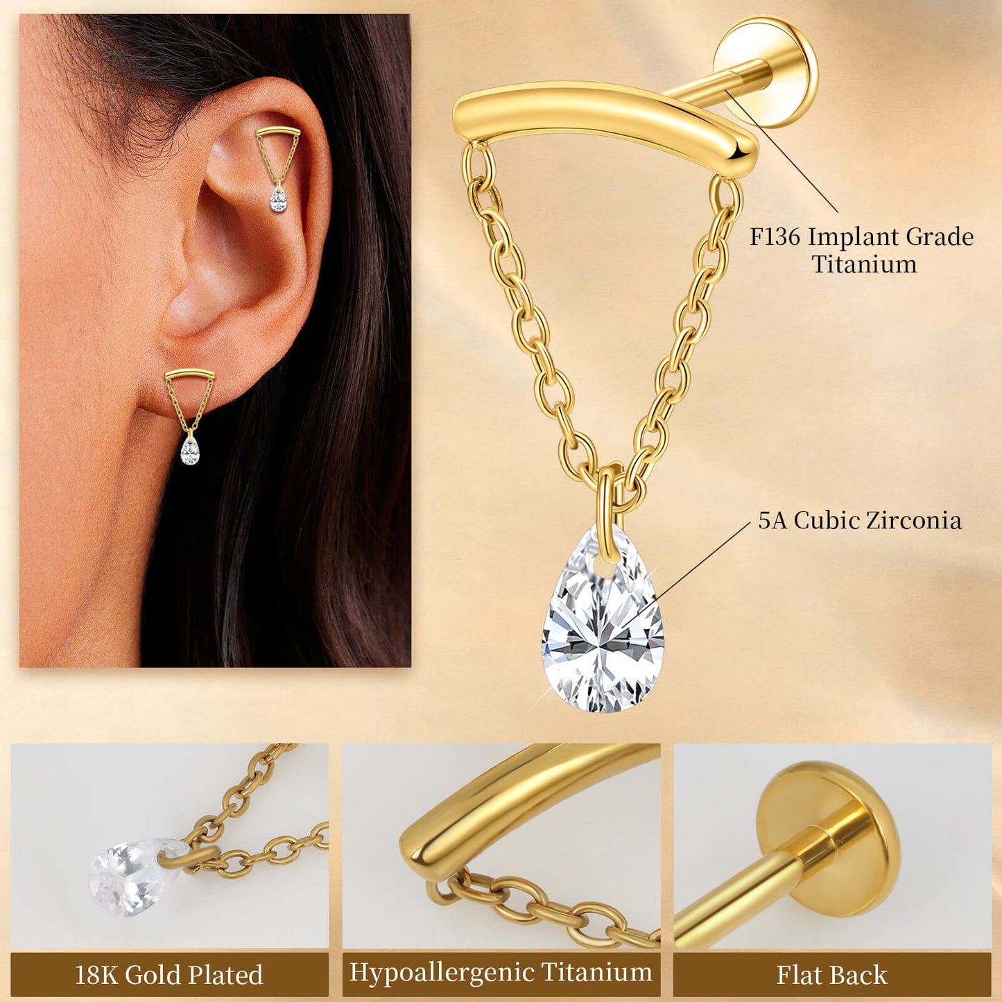 Limerencia 18G Titan-Ohrschmuck mit Innengewinde und flachem Verschluss für Damen, 1 Stück Hängepiercing mit Kette für Helix, hypoallergen, 6mm/8mm Knorpelstecker geeignet für Tragus, Conch und Ohrläppchen