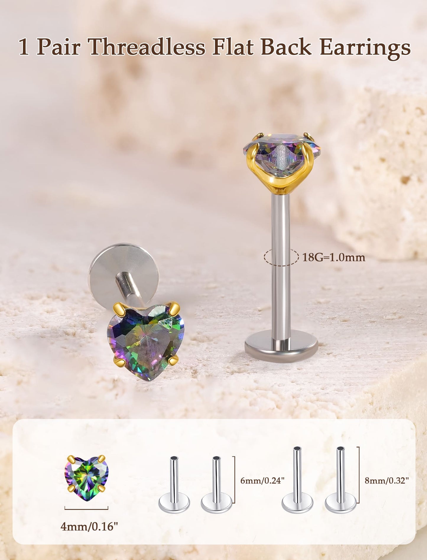 Limerencia Boucles d’oreilles à dos plat 18G, Titane G23, Piercing nez à insertion