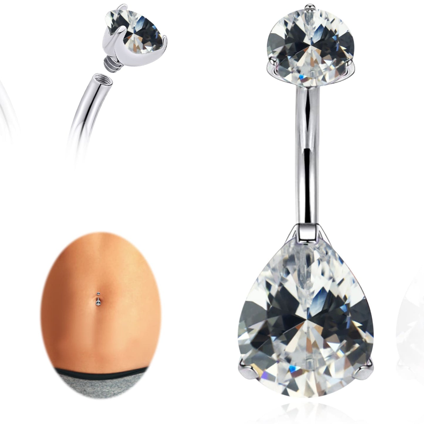 limerencia G23 Titanium Belly Button Rings hypoallergenic medical implant grade 14G Teardrop CZ Belly Navel Rings Piercing Belly Bars（Water drop belly button ring）