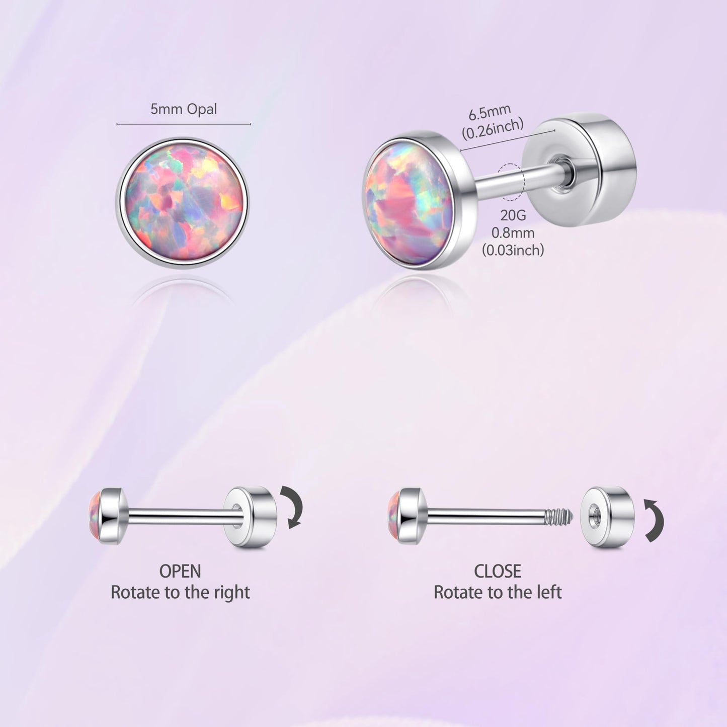 Titanium Flat Back Stud Earrings for Women Men, F136 Cartilage Studs | Hypoallergenic Earrings, Helix Cartilage Earrings with Purple Opal,5mm