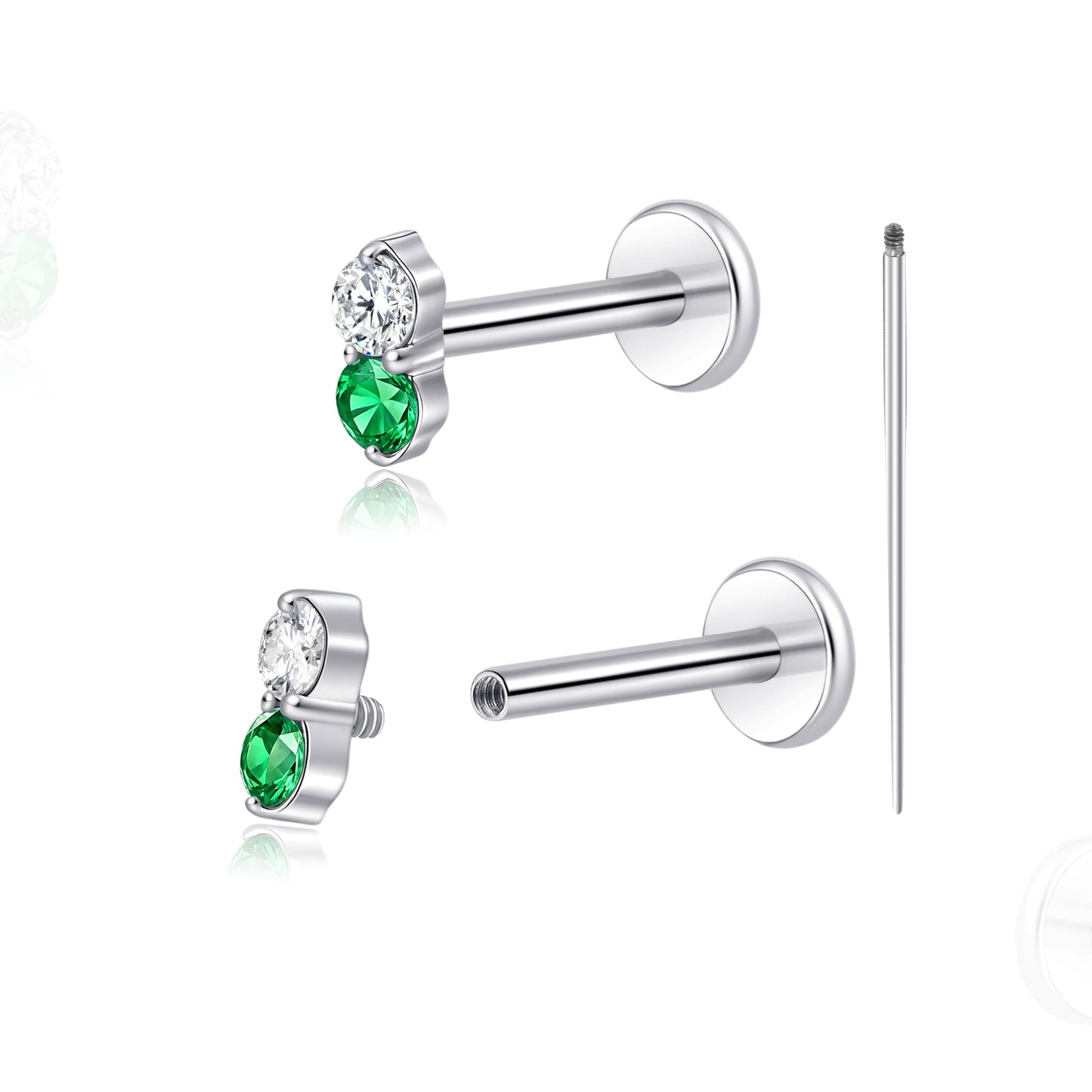 Limerencia 18G Titan-Körperschmuck, 2 Stück hypoallergene Innengewinde-Flachrücken-Ohrstecker für Tragus, Nase, Helix, Conch, Lippe und Labret, Knorpelpiercing für Damen & Herren, Besatz mit weiß-grünem Zirkonia