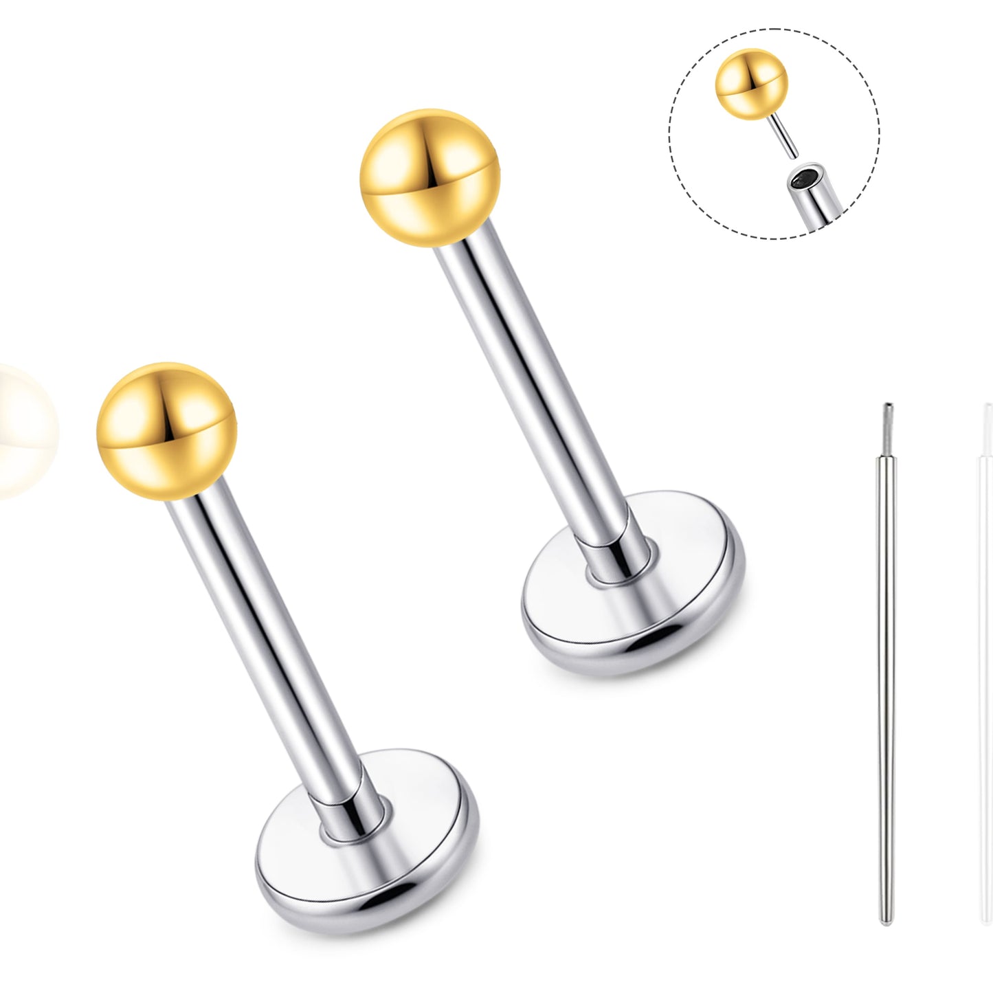 Orecchino titanio base piatta senza filetto Limerencia calibro 20G, piercing a pressione per cartilagine, trago, labret, labbro, medusa e conca, ipoallergenico unisex / testa sfera