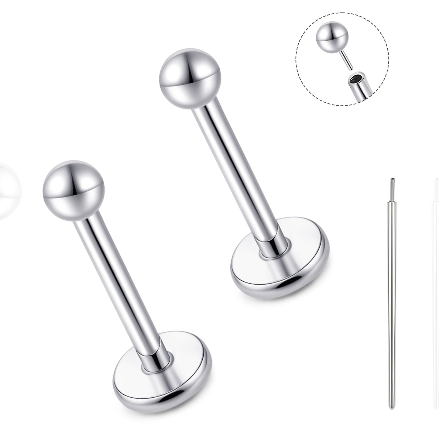 Orecchino titanio base piatta senza filetto Limerencia calibro 20G, piercing a pressione per cartilagine, trago, labret, labbro, medusa e conca, ipoallergenico unisex / testa sfera