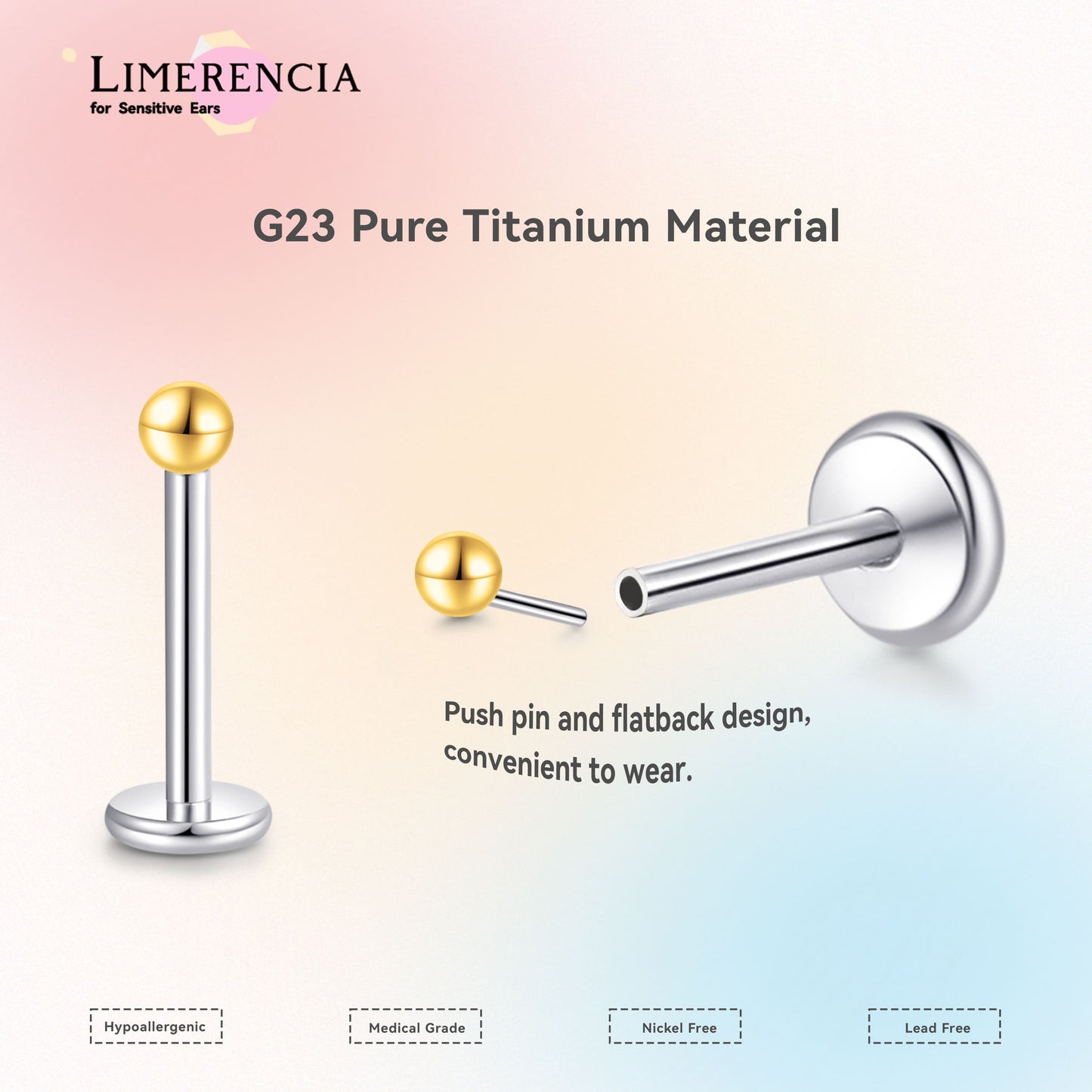 Orecchino titanio base piatta senza filetto Limerencia calibro 20G, piercing a pressione per cartilagine, trago, labret, labbro, medusa e conca, ipoallergenico unisex / testa sfera