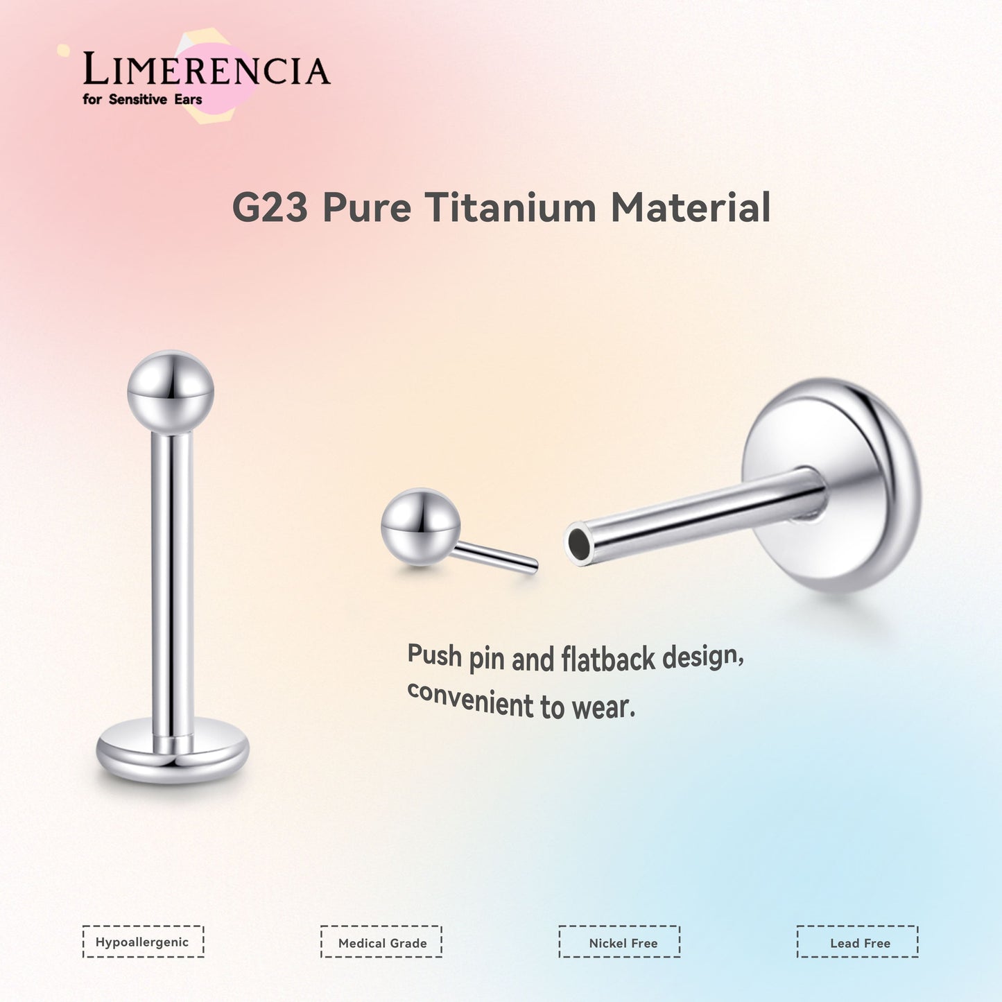 Orecchino titanio base piatta senza filetto Limerencia calibro 20G, piercing a pressione per cartilagine, trago, labret, labbro, medusa e conca, ipoallergenico unisex / testa sfera