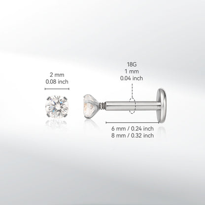 Limerencia チタン低アレルギーピアスジュエリー 18G 6mm 8mm 10mm トラガス・ヘリックス・コンク・軟骨・ノーズ・リップ兼用 F136 インプラント級フラットバック内ネジ式スタッドピアス（ホワイト CZ 2mm）